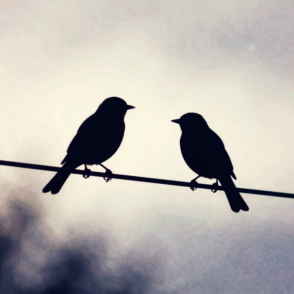 Watercolor style. Silhouettes of two birds on a wire against...