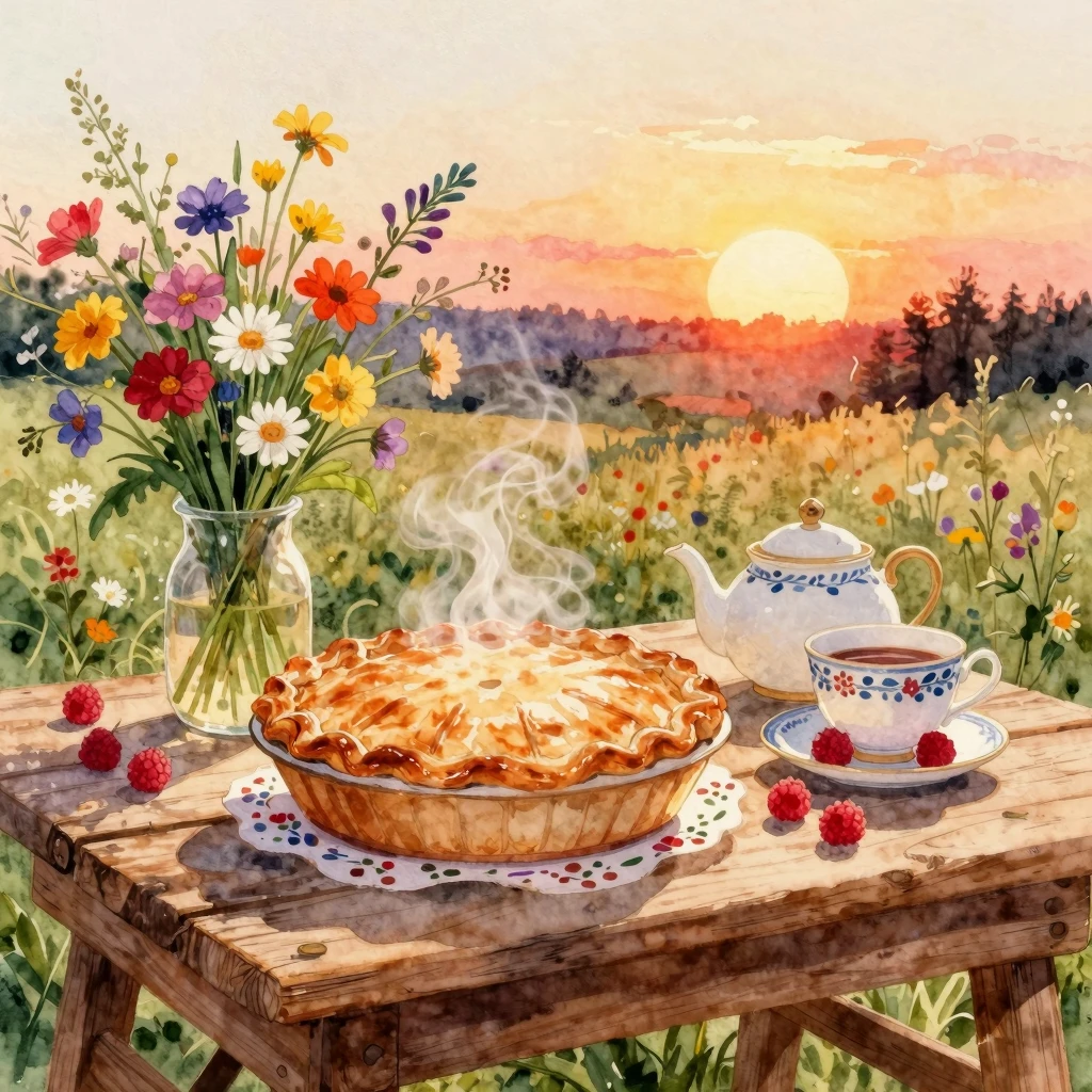 Vibrant watercolor painting, country style, a cozy rustic wo...