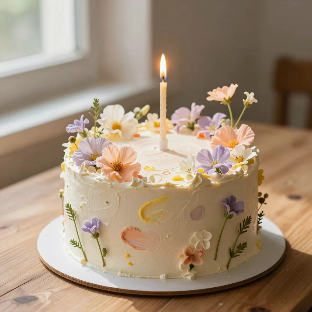 A close-up of a delicate vanilla cake decorated with small w...