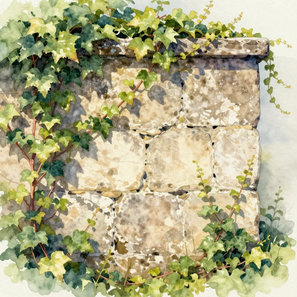 A scene with weathered stone, overgrown ivy, and soft, diffu...