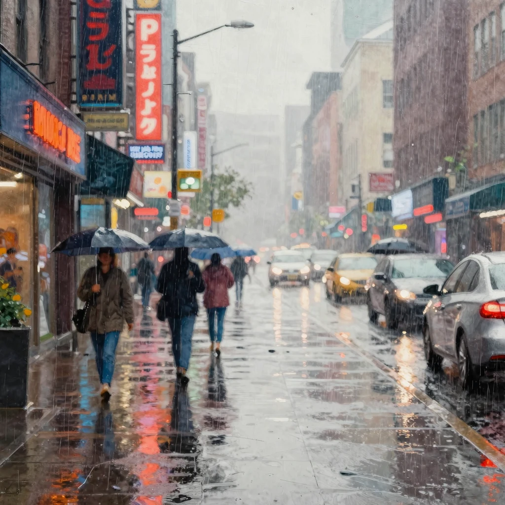 An artistic painting of a city street during a heavy downpou...