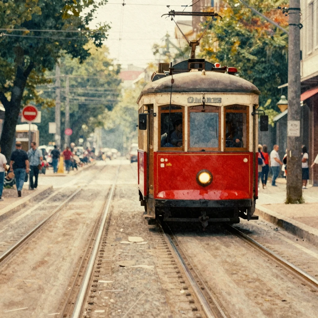 A vintage tram approaching in the distance on tram tracks, d...