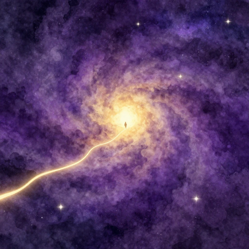 A vast cosmic landscape with a glowing thin line stretching ...