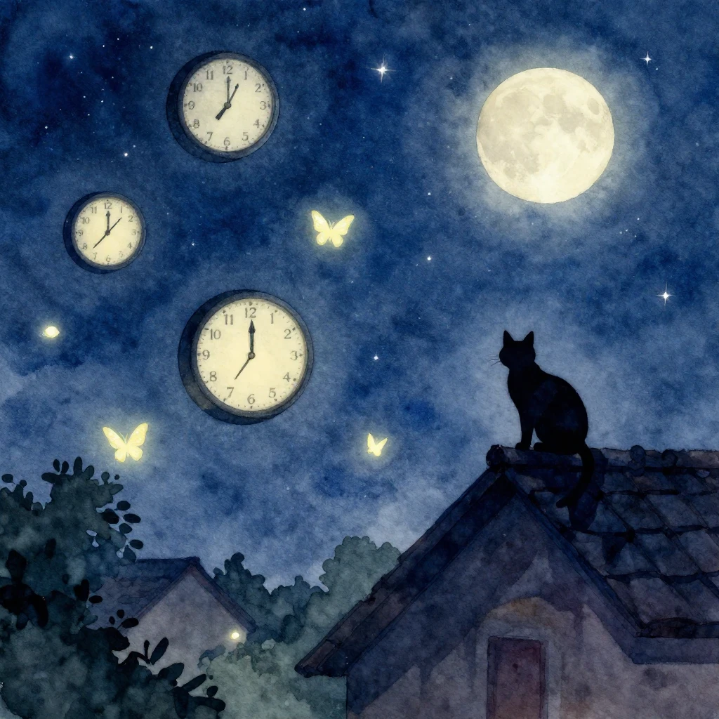 A surreal night landscape in watercolor style, with floating...