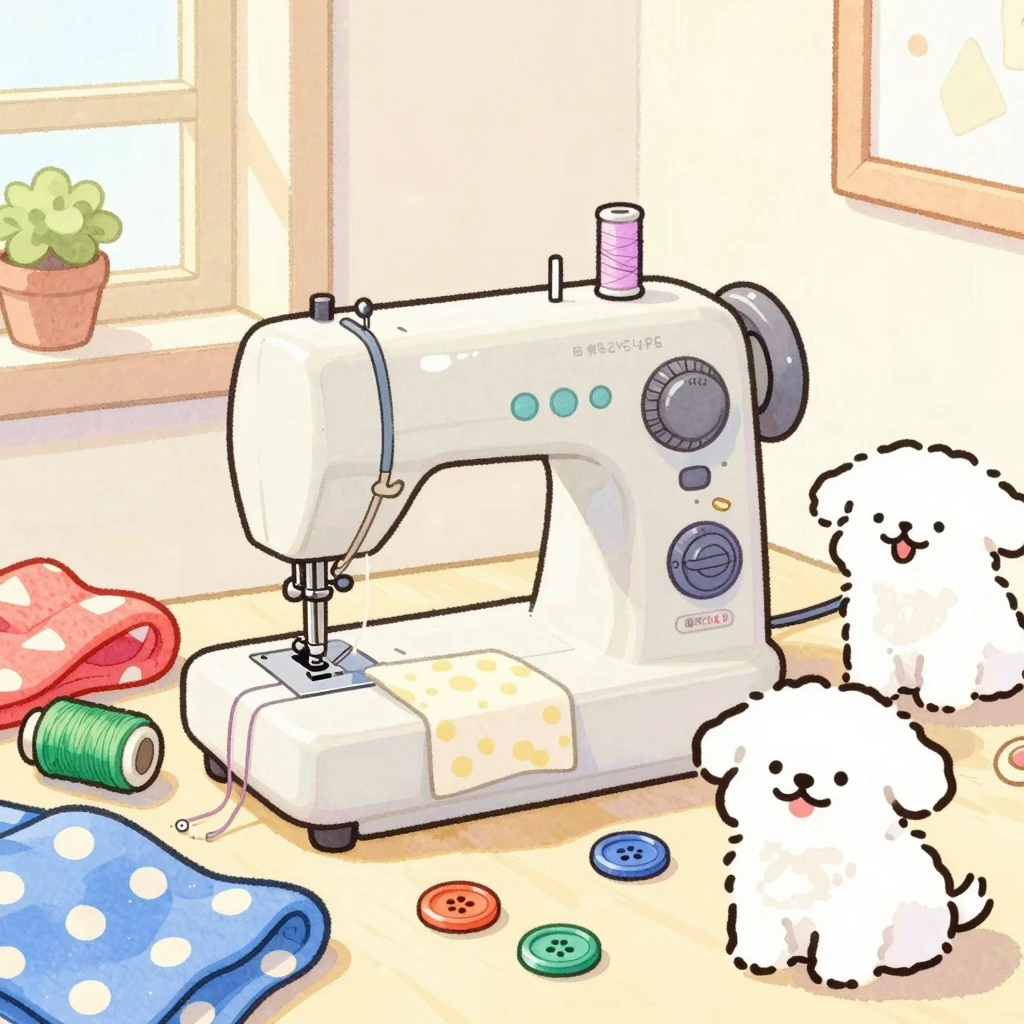 Bright cartoon style watercolor illustration of a sewing mac...