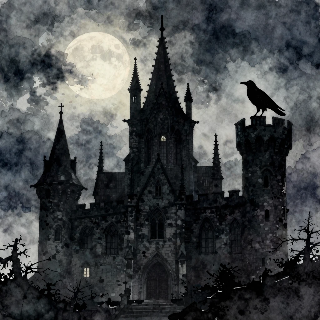 A gothic castle silhouetted against a stormy, moonlit sky, w...