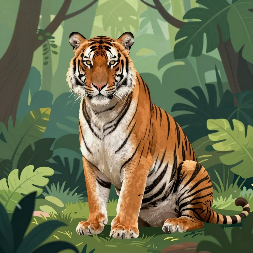 A majestic tiger sitting calmly in a lush, stylized jungle, ...