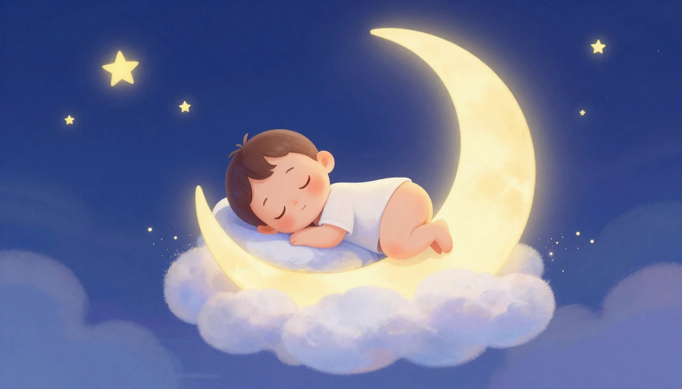 A peaceful illustration of a cute baby sleeping soundly on a...