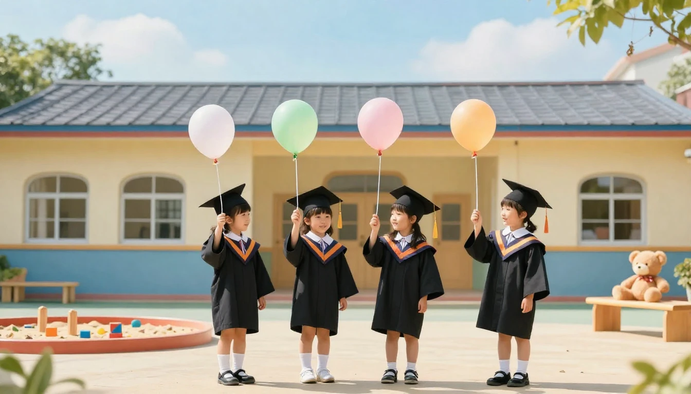 A heartwarming scene of little children in graduation caps a...