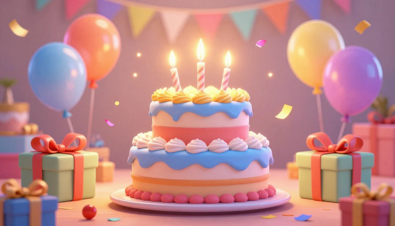 A festive and vibrant birthday celebration scene in a cute 3...