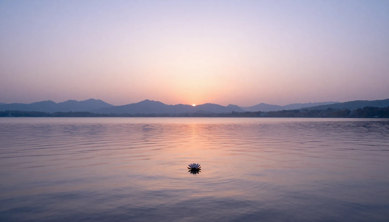 A vast, still lake reflecting a soft pastel sunset. The wate...