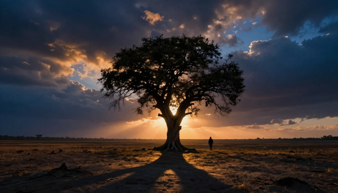A vast, ancient landscape at twilight featuring a single, we...