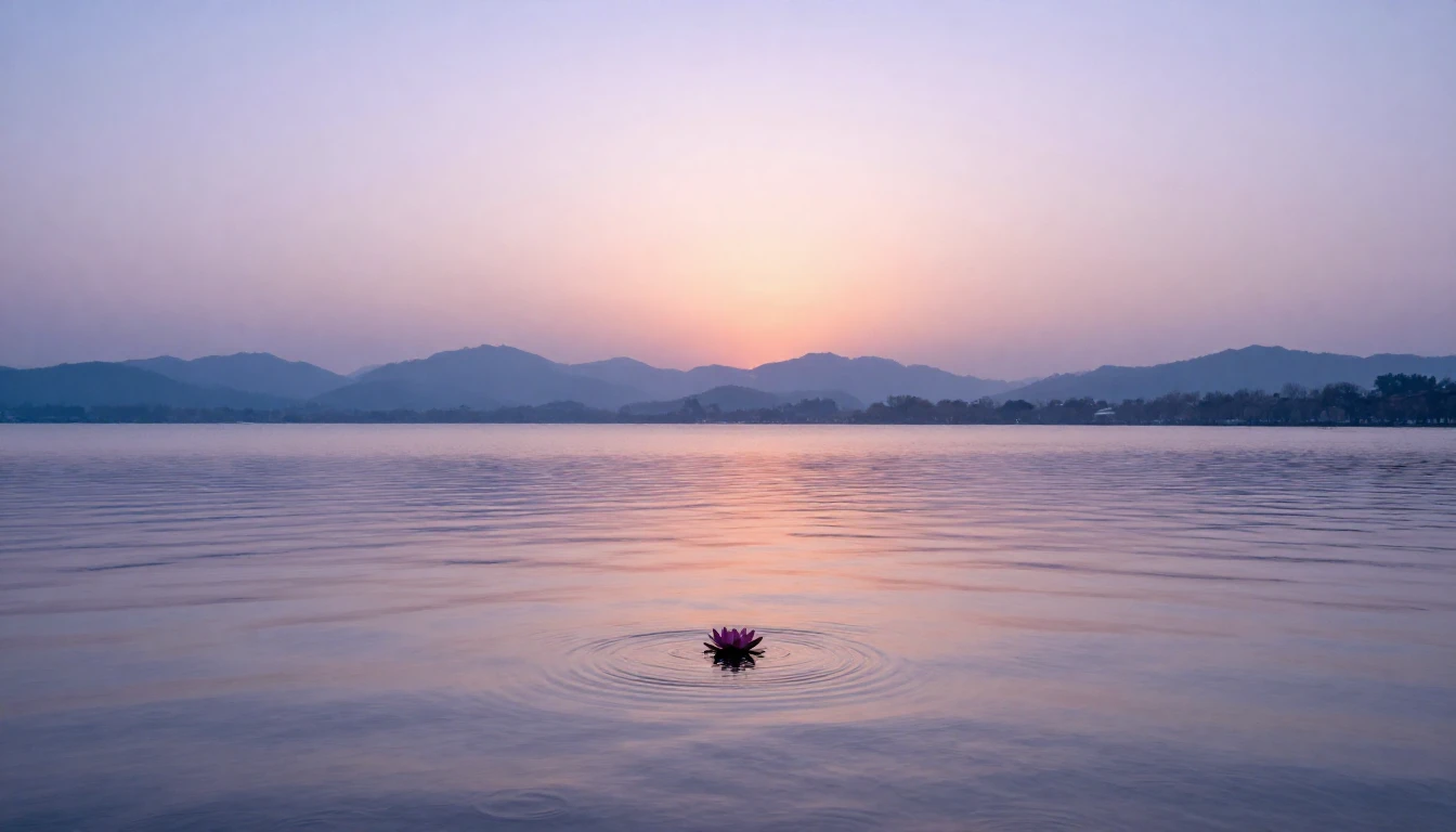 A vast, still lake reflecting a soft pastel sunset. The wate...
