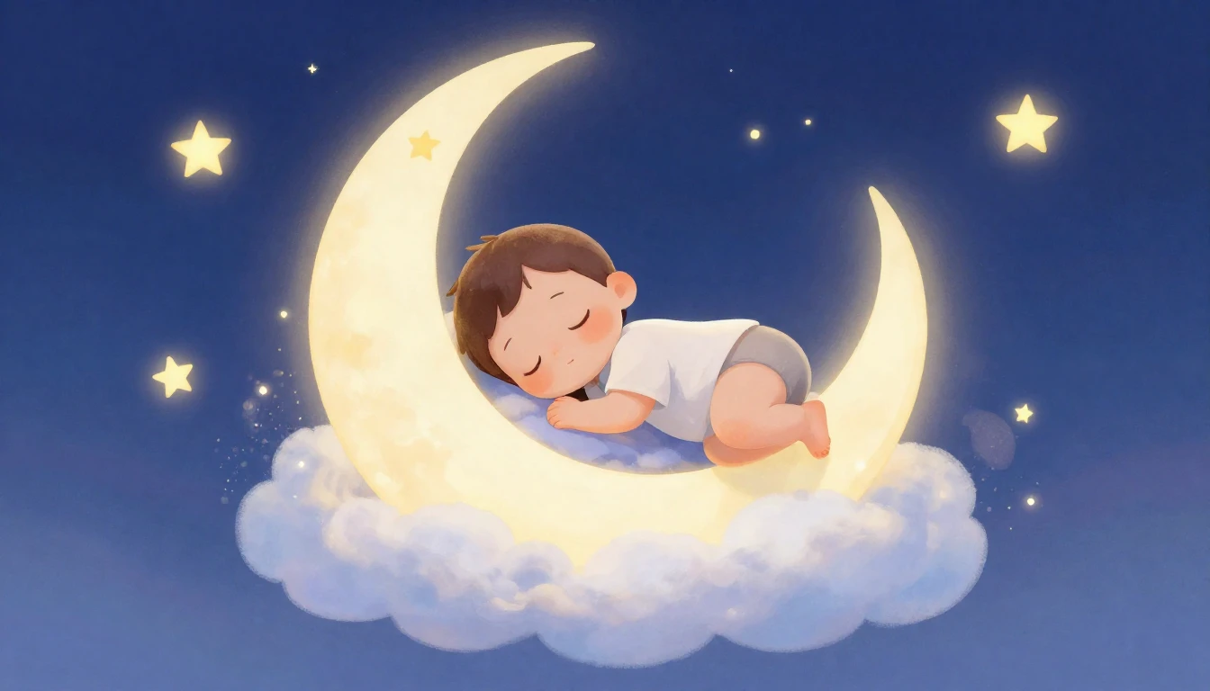 A peaceful illustration of a cute baby sleeping soundly on a...
