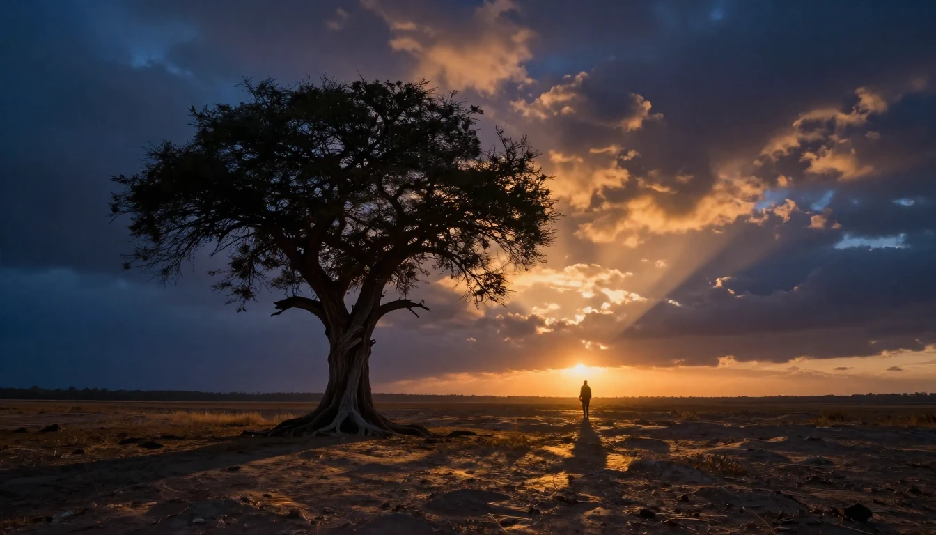 A vast, ancient landscape at twilight featuring a single, we...
