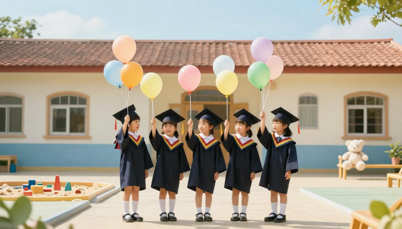 A heartwarming scene of little children in graduation caps a...