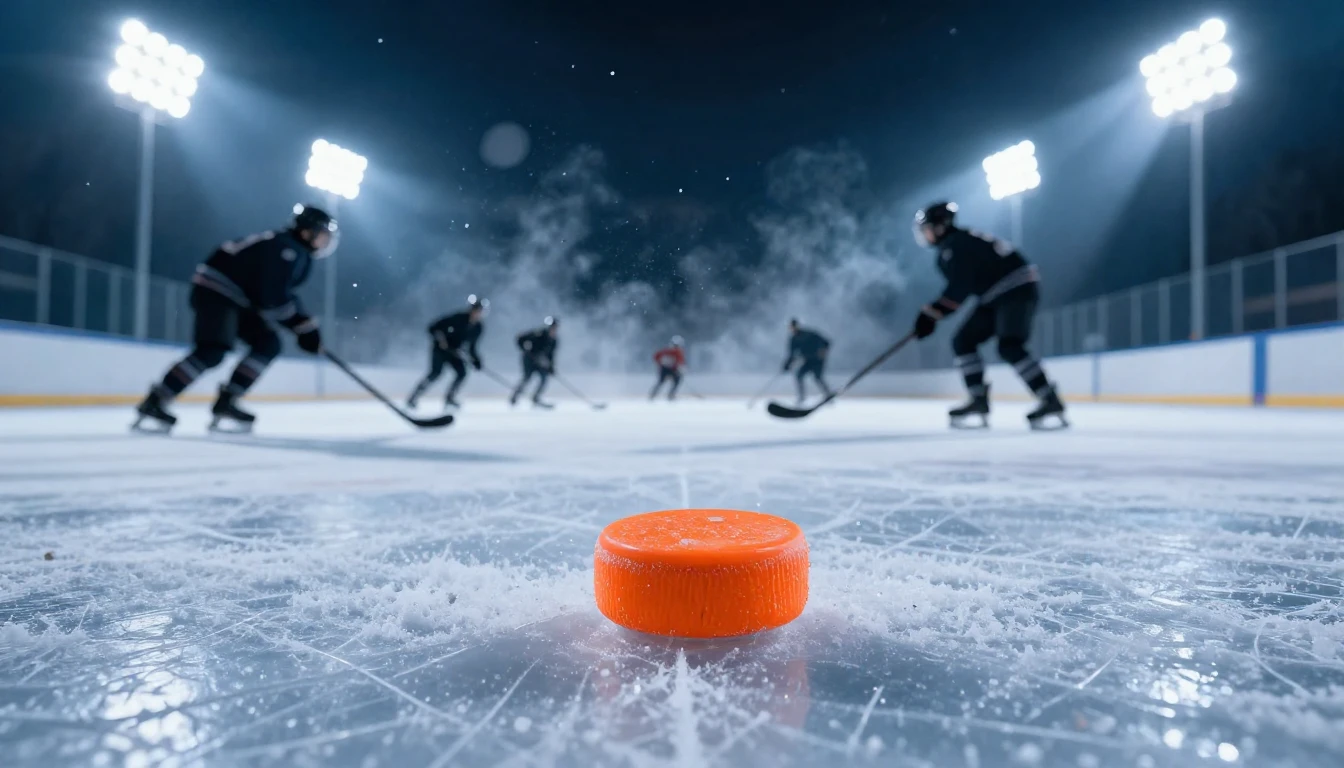 A cinematic wide-angle shot of a grand outdoor ice arena at ...