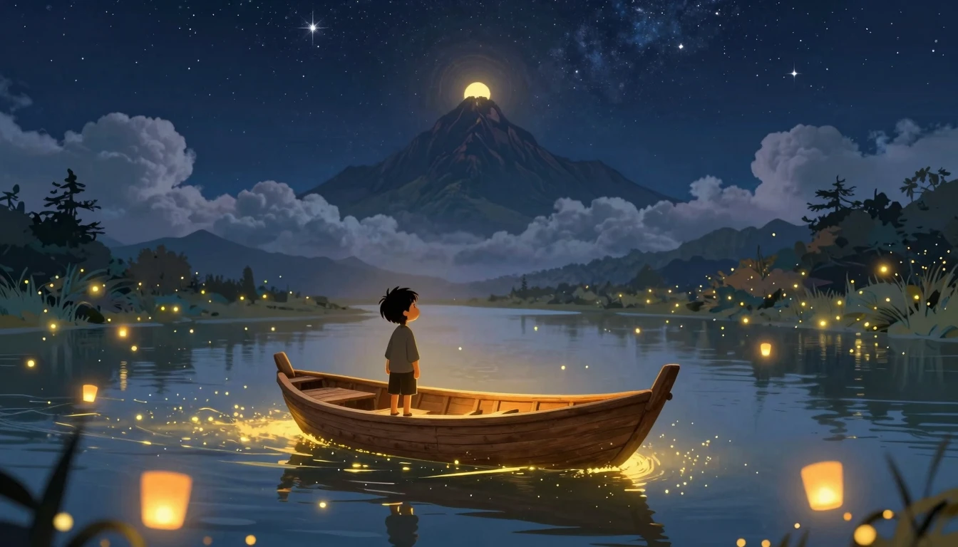 A magical scene of a small wooden boat sailing on a calm, gl...
