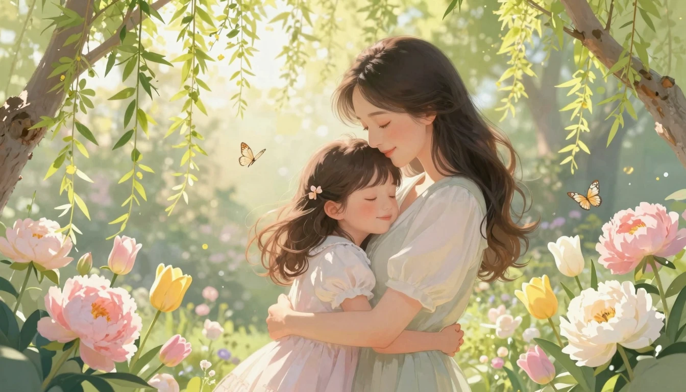 A heartwarming illustration of a mother and her daughter hug...
