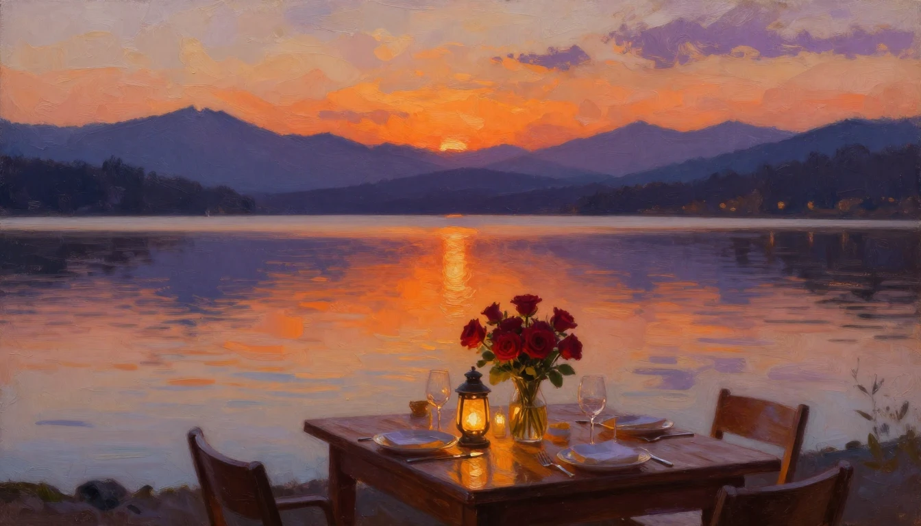 A breathtaking oil painting capturing a warm, golden sunset ...