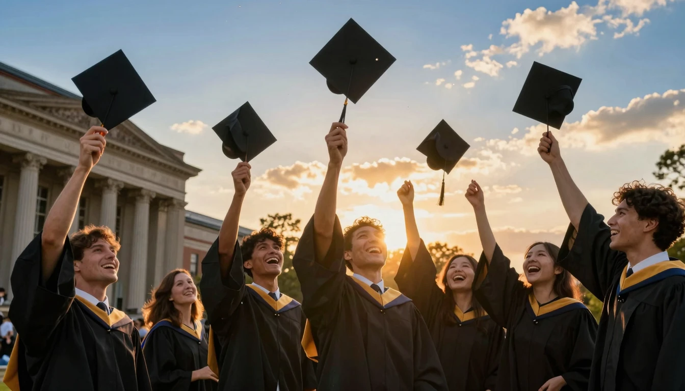 A cinematic shot of a diverse group of graduates throwing th...