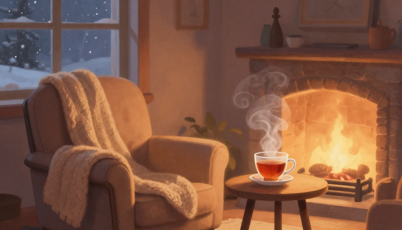 A warm and cozy indoor scene visualized in a soft, flowing a...