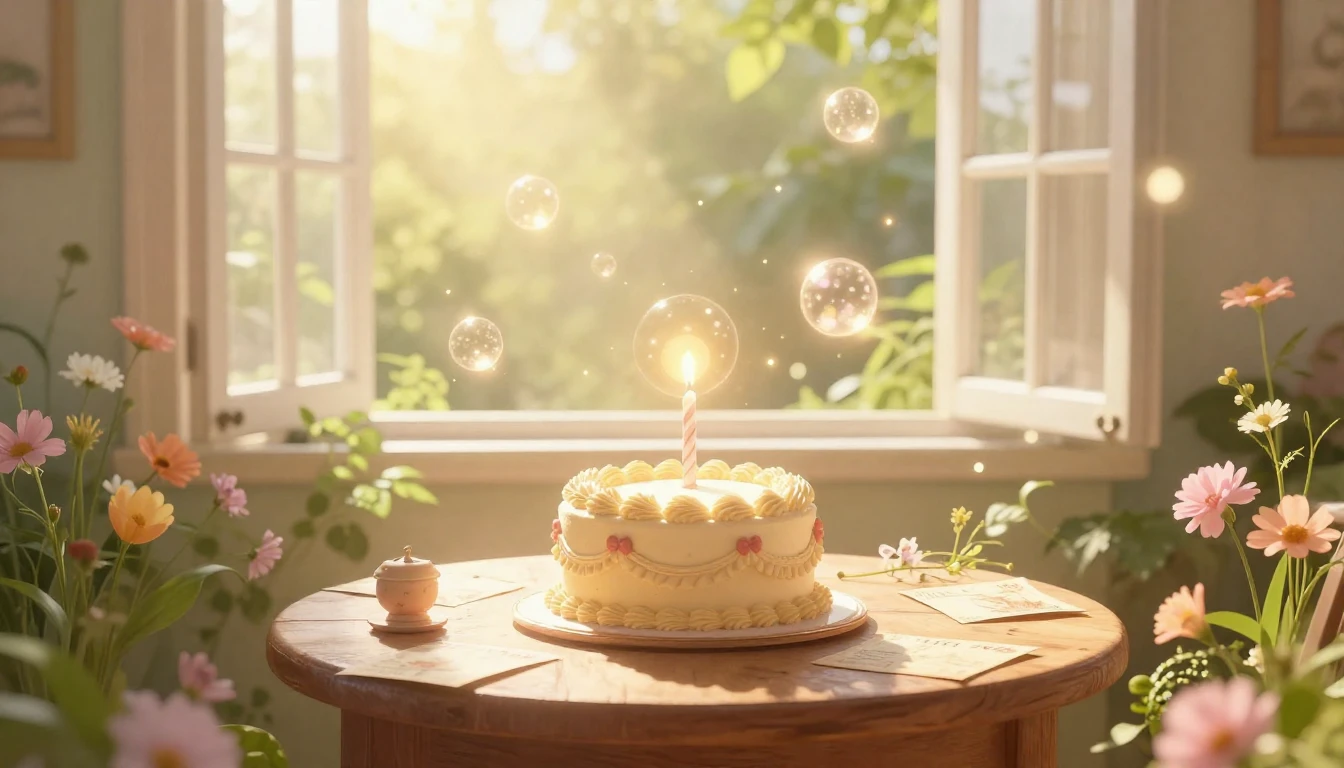 A warm and magical birthday concept art, depicting a cozy ro...