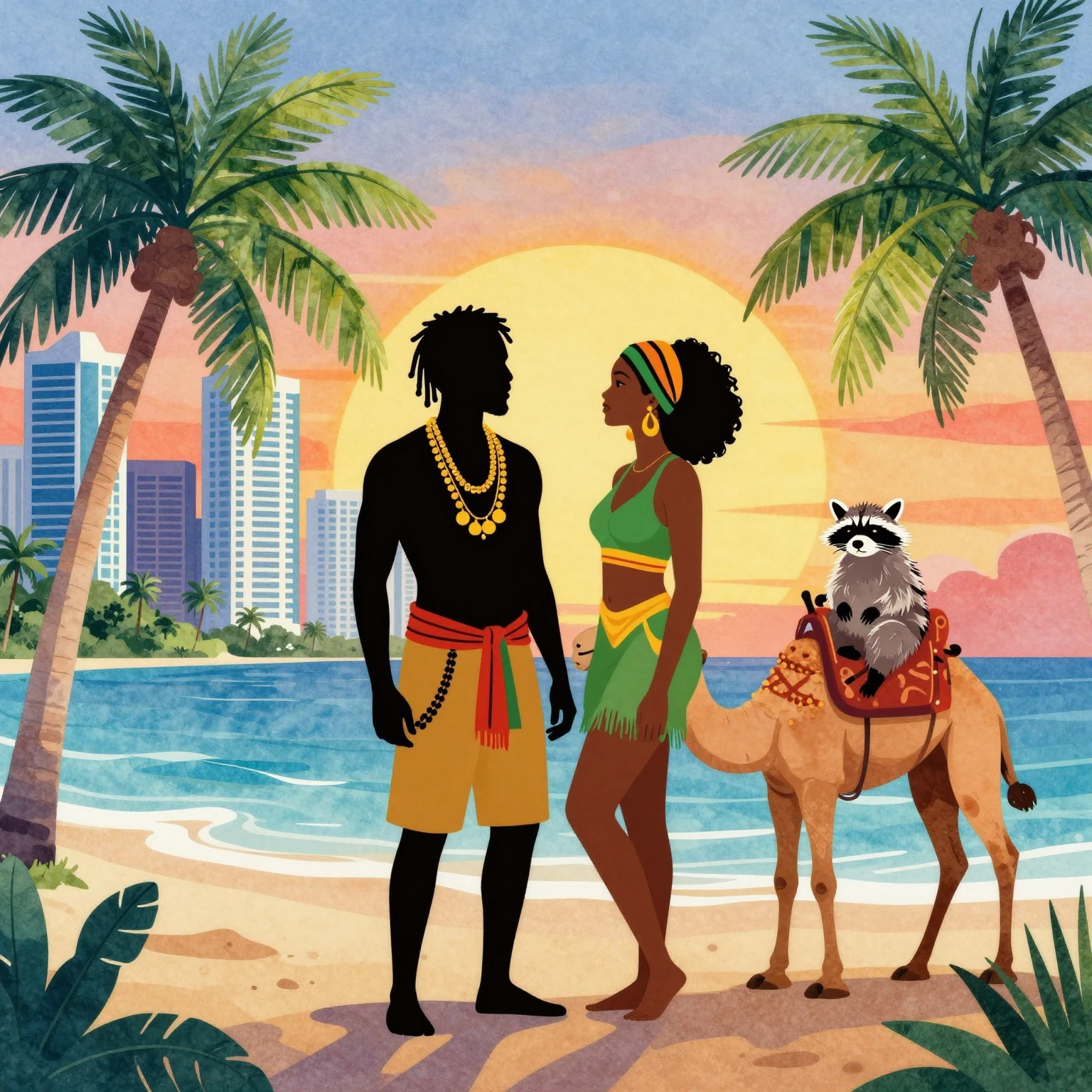 Vibrant watercolor style reggae art, a silhouette of a man a...