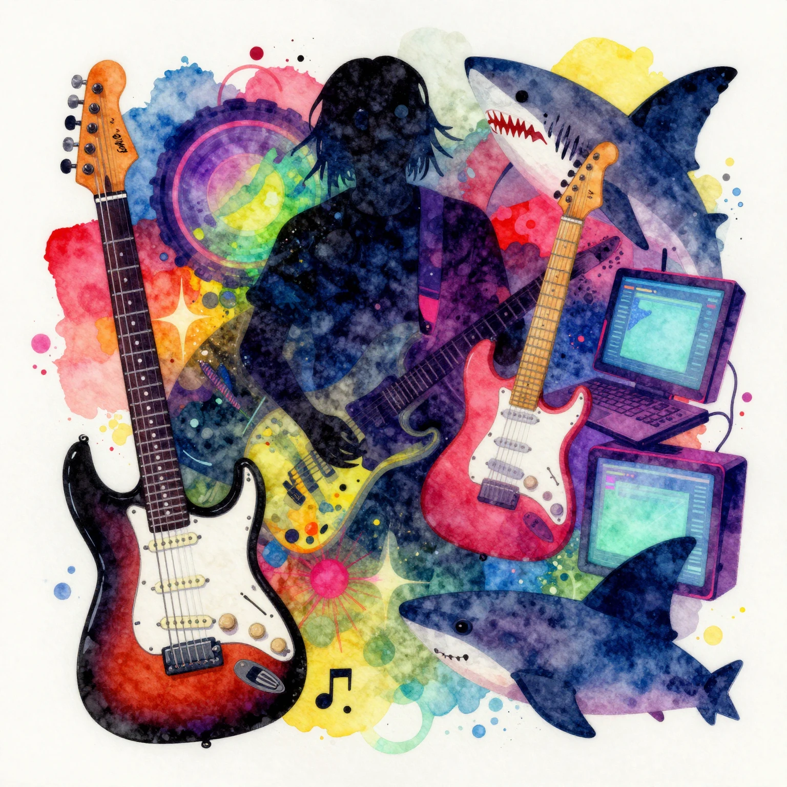 Vibrant watercolor painting of a chaotic and energetic scene...