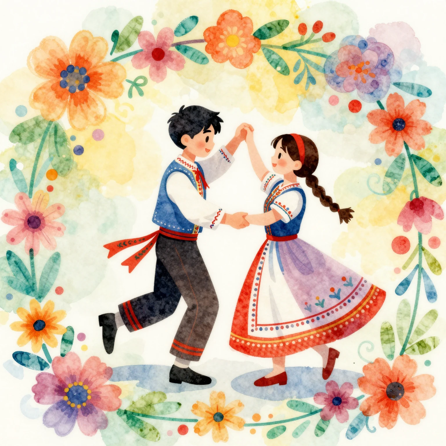 Watercolor painting of a boy and girl in traditional folk co...