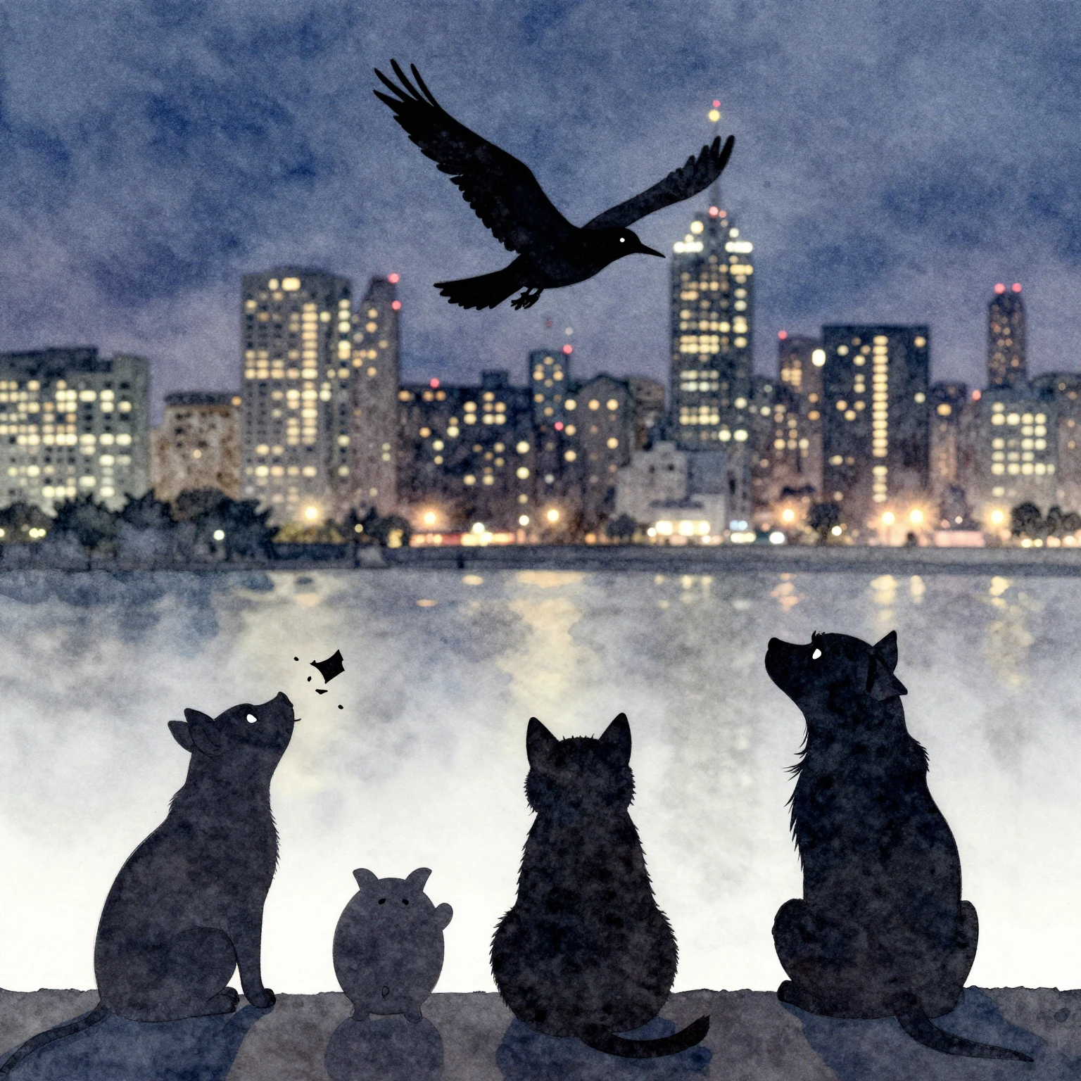 Watercolor style. A silhouette of a bird flying over a city ...