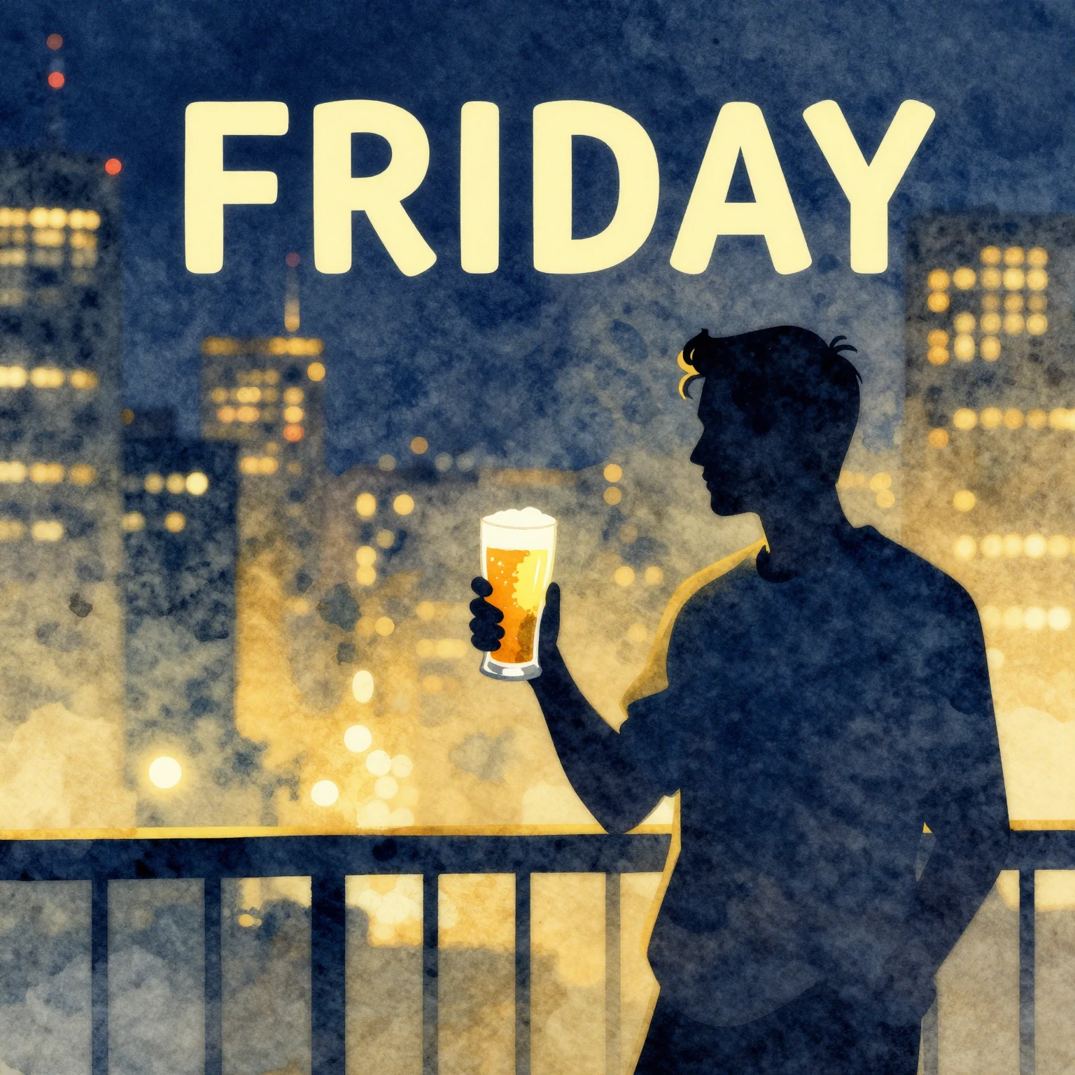 Vibrant watercolor style illustration of a Friday night city...