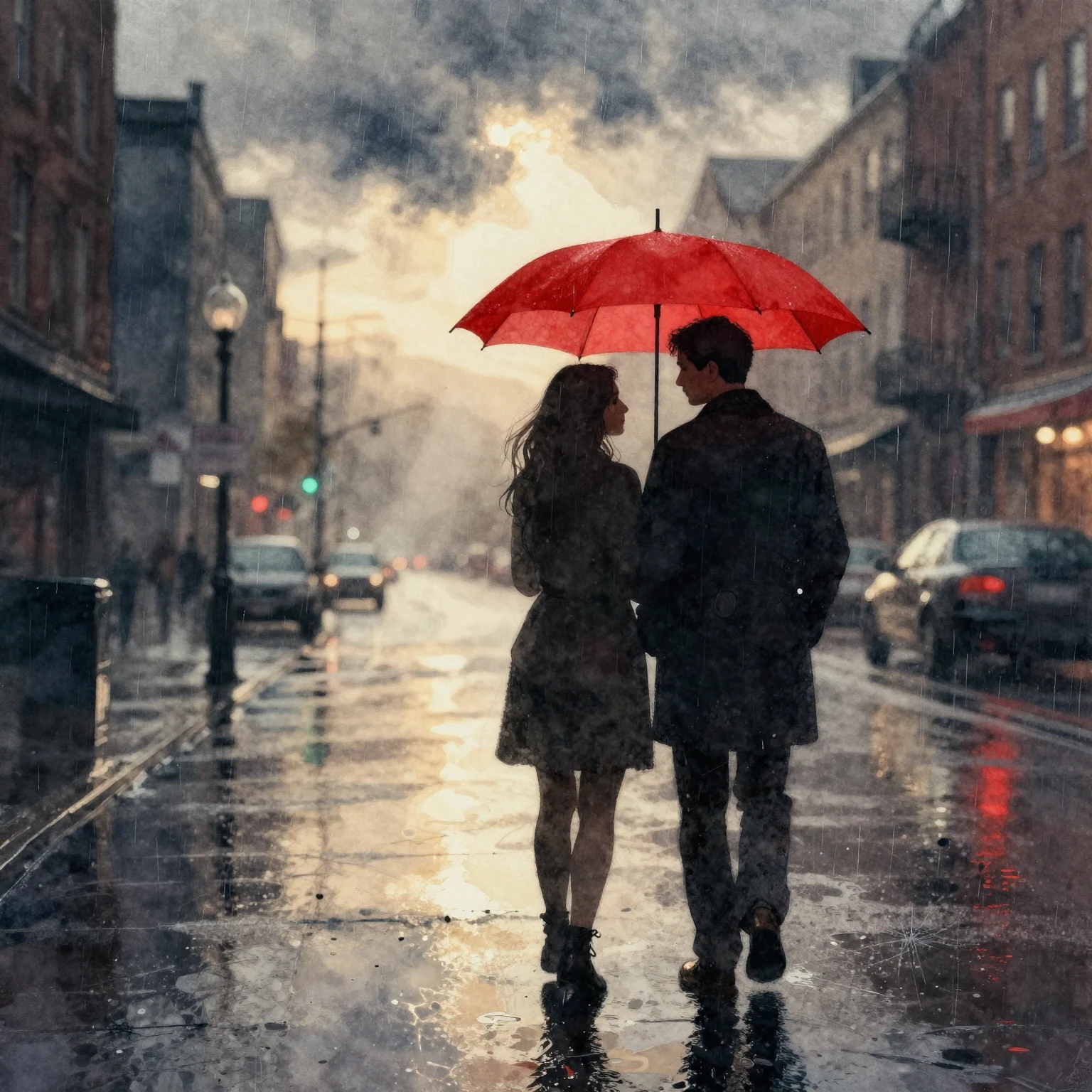 Watercolor painting of a couple's silhouette under a red umb...