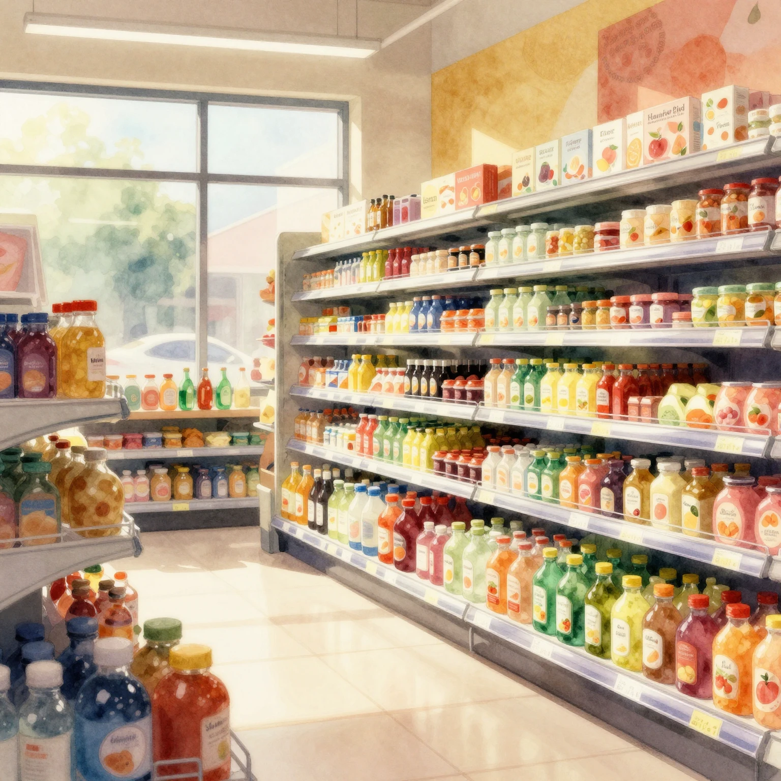 A bright and friendly grocery store interior in a vibrant wa...