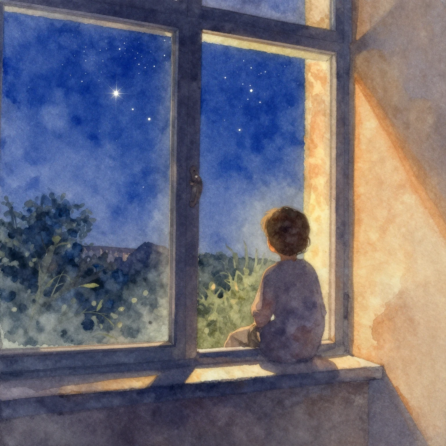 Vibrant watercolor painting of a cozy window view at twiligh...