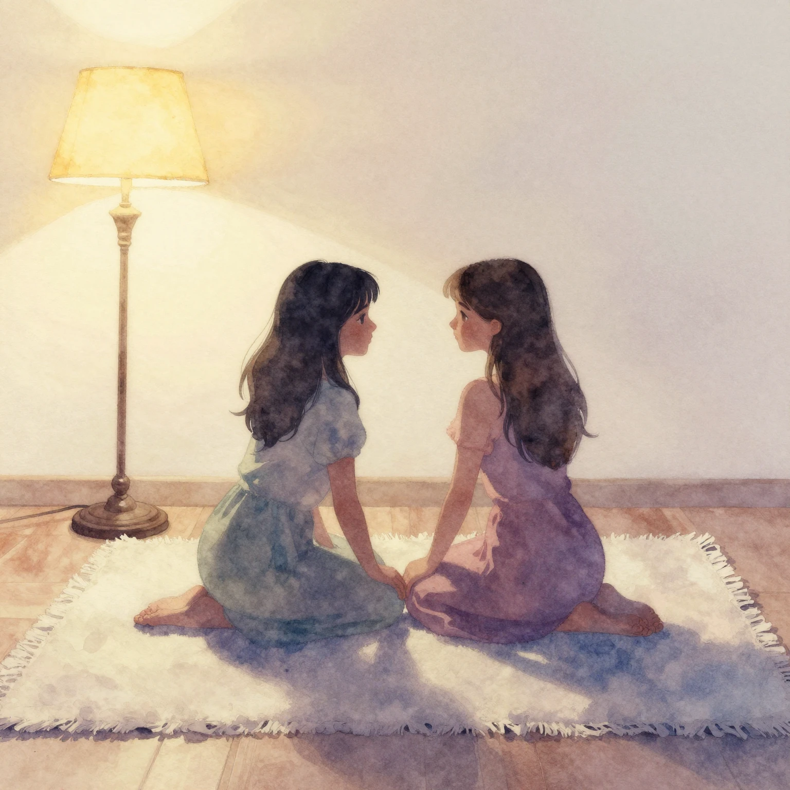 Watercolor painting of two girl silhouettes on a soft rug, s...