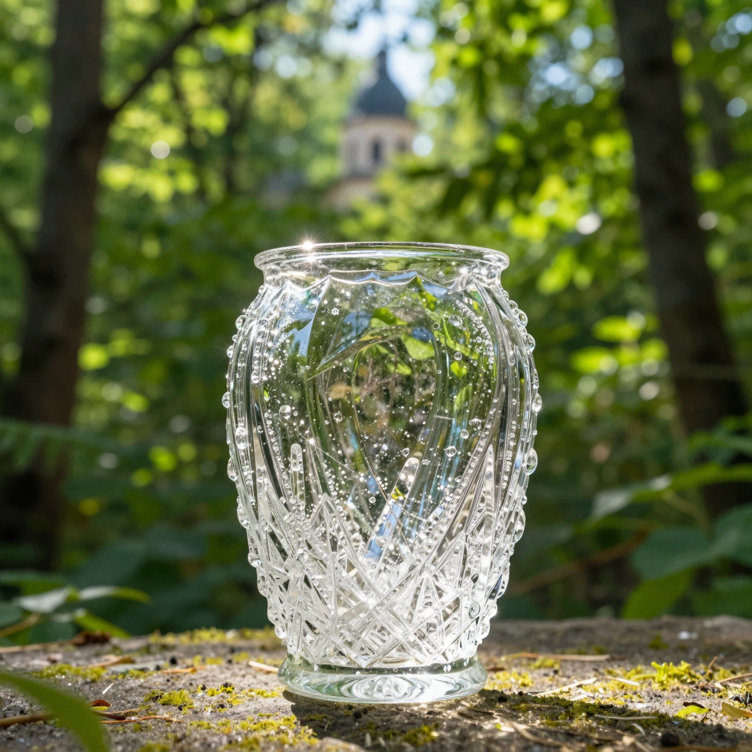 A crystal vase glowing softly in dappled sunlight, set again...
