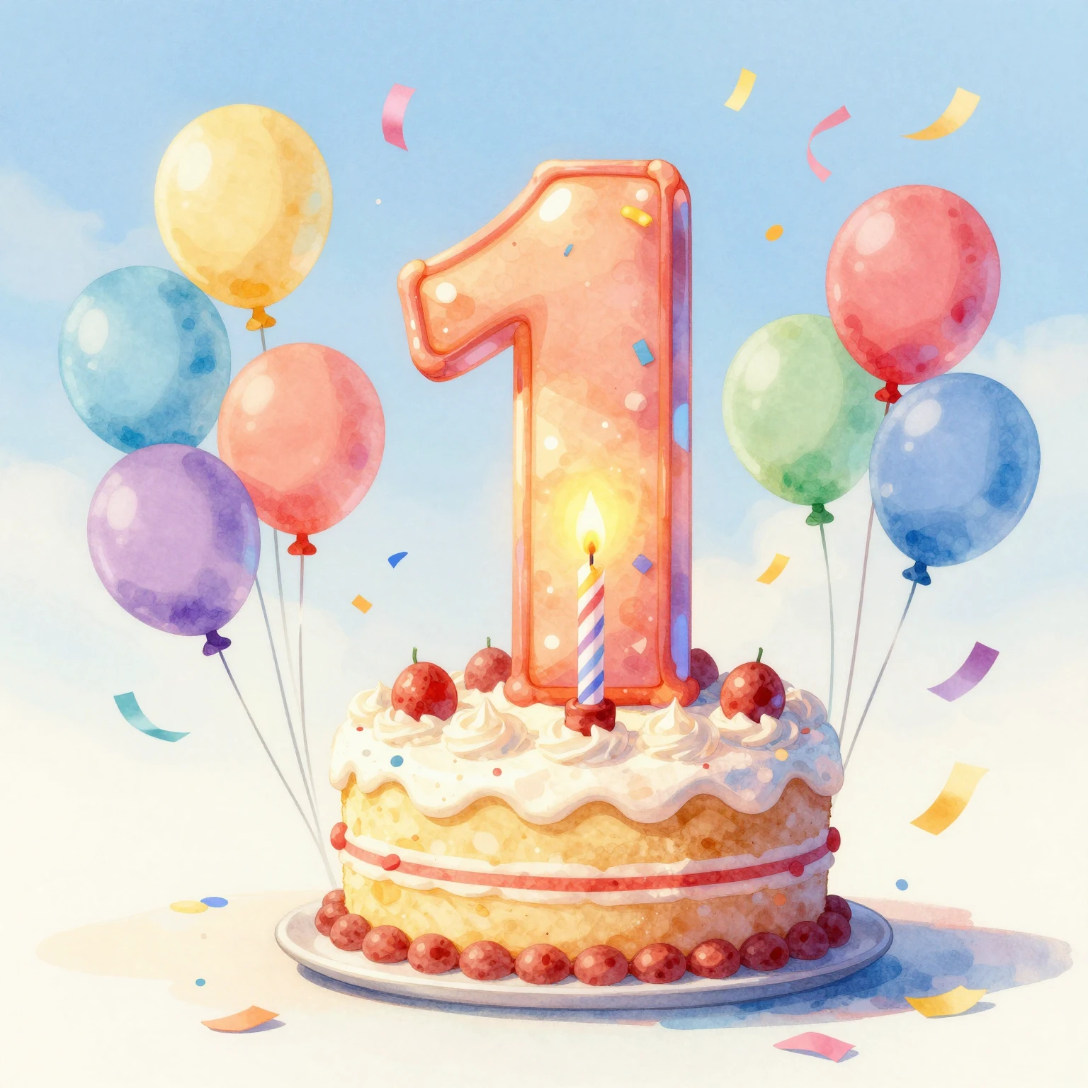 A vibrant watercolor illustration of a large number one made...