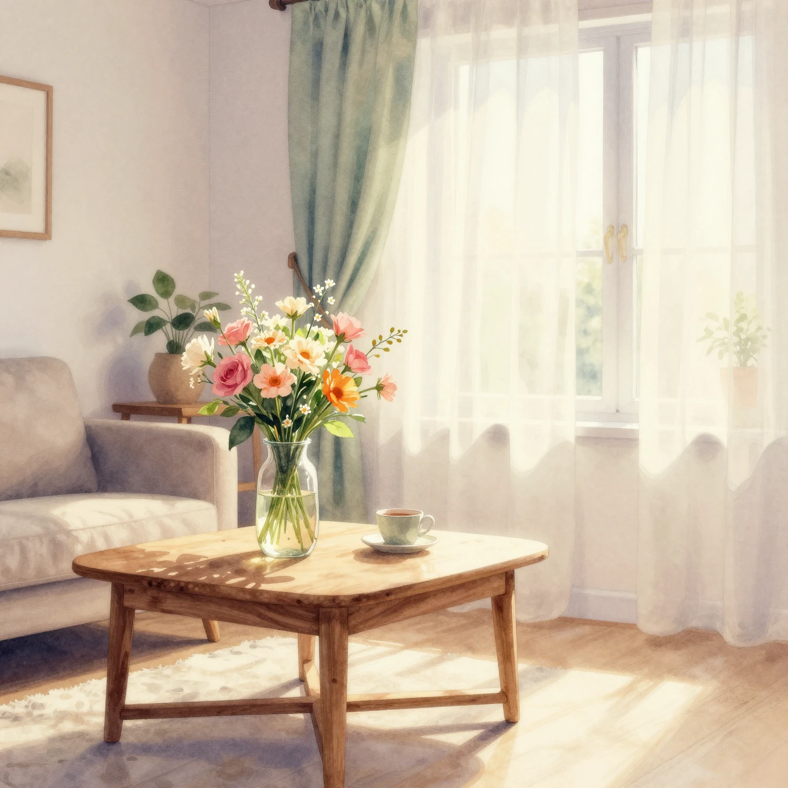 Watercolor painting of a warm, cozy living room interior. So...