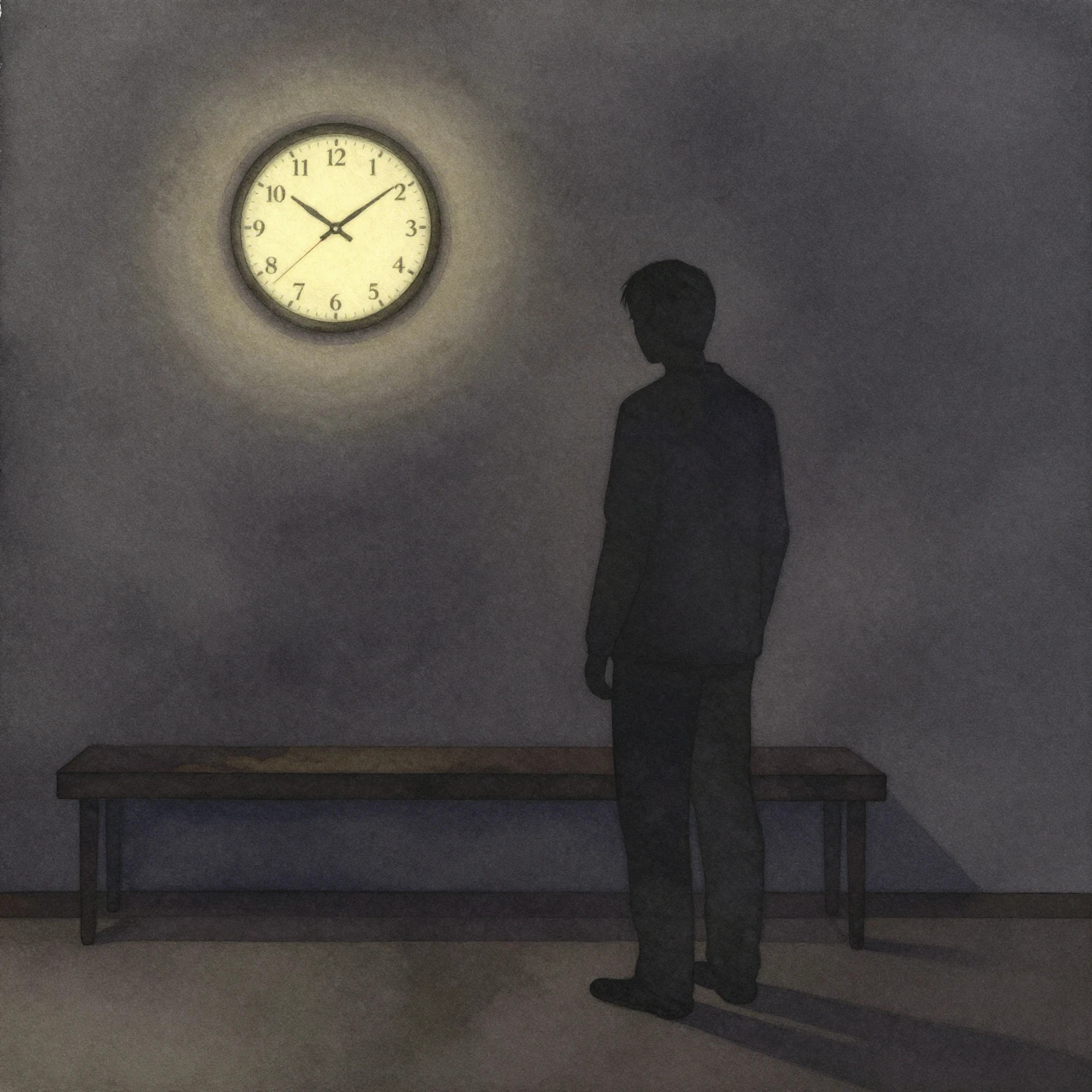 Watercolor painting. A dimly lit room at 03:00, with a softl...