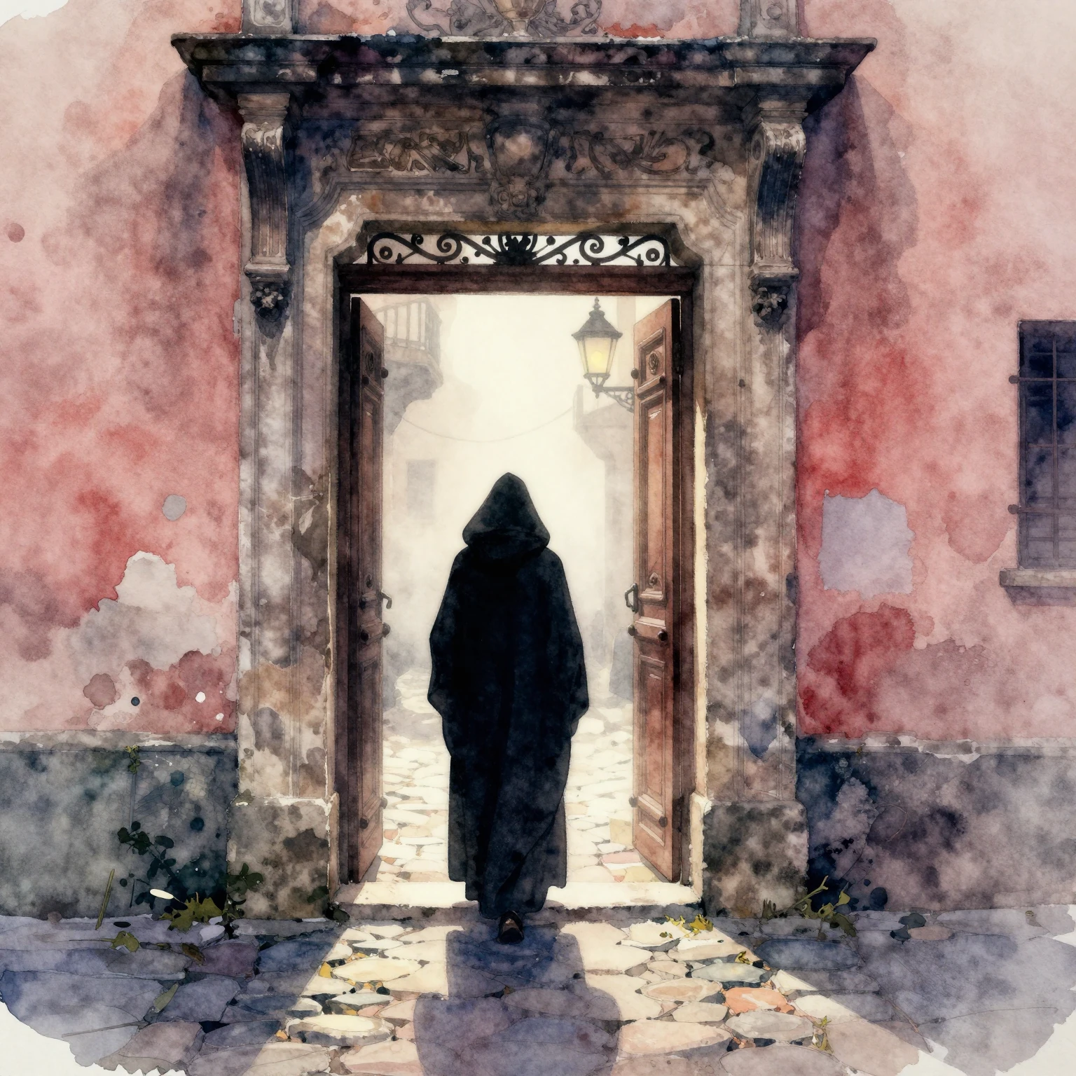 Vibrant watercolor. A cloaked figure silhouetted against an ...