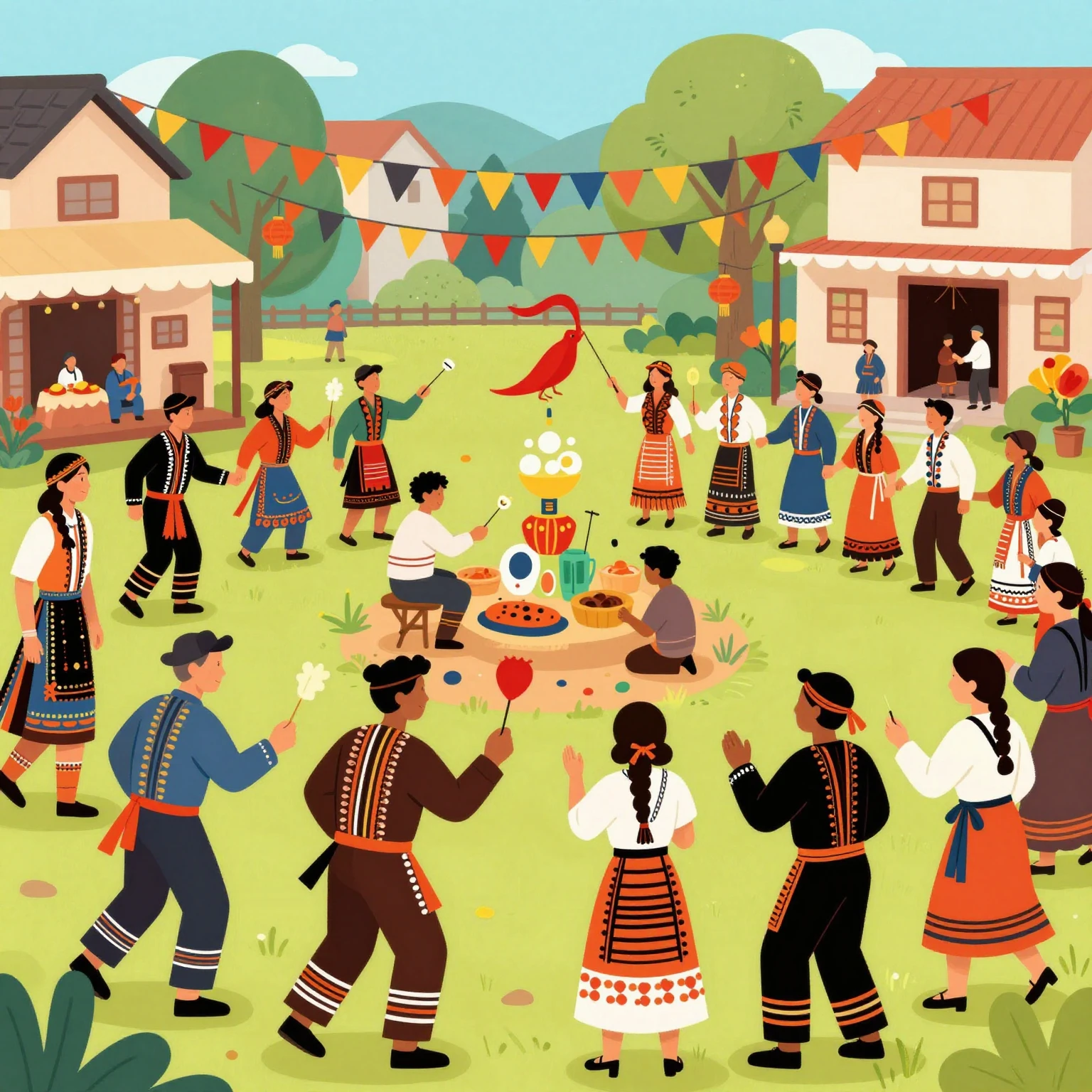 Vibrant folk art style illustration of a traditional festiva...
