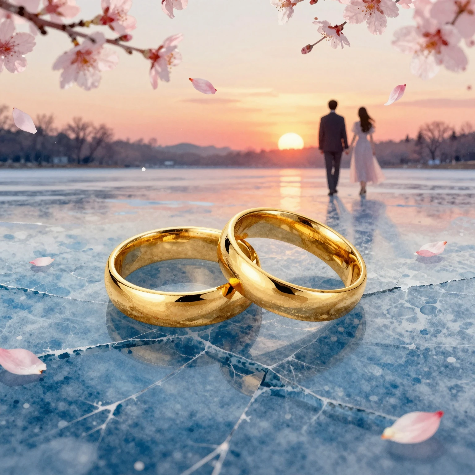 Two golden wedding rings on cracked blue ice, falling cherry...