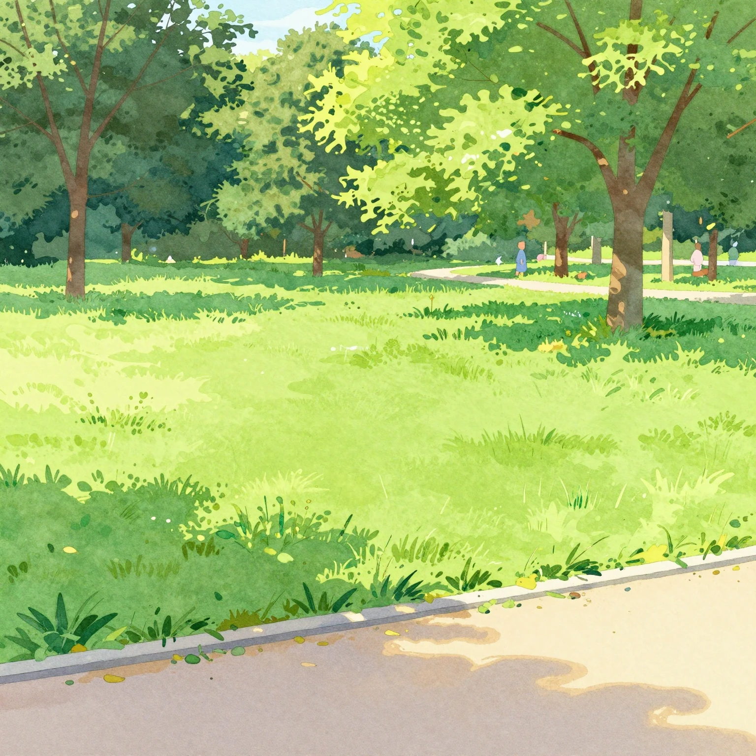 A watercolor illustration depicting a serene, sunlit park wi...