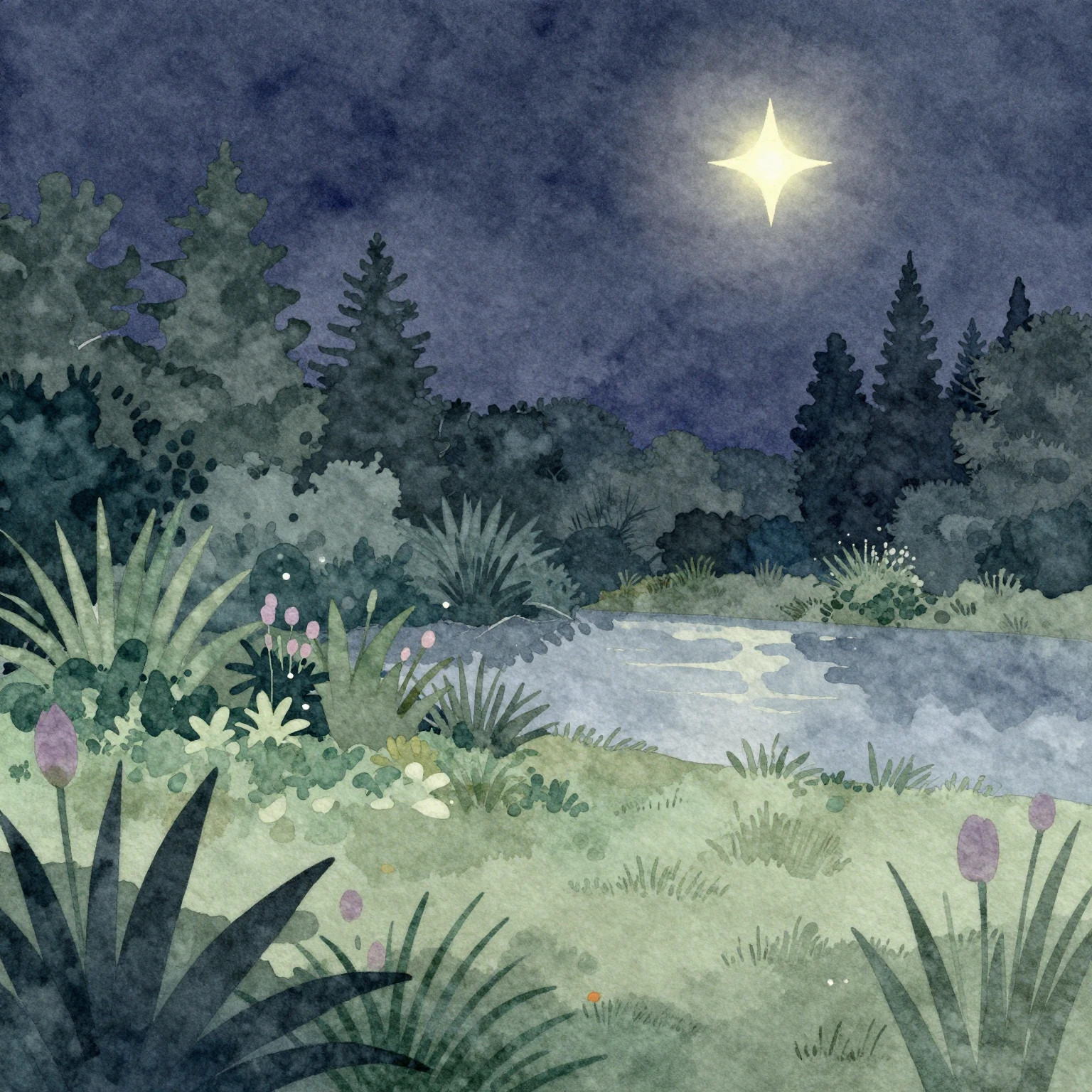 A watercolor painting illustrating a serene night garden sce...