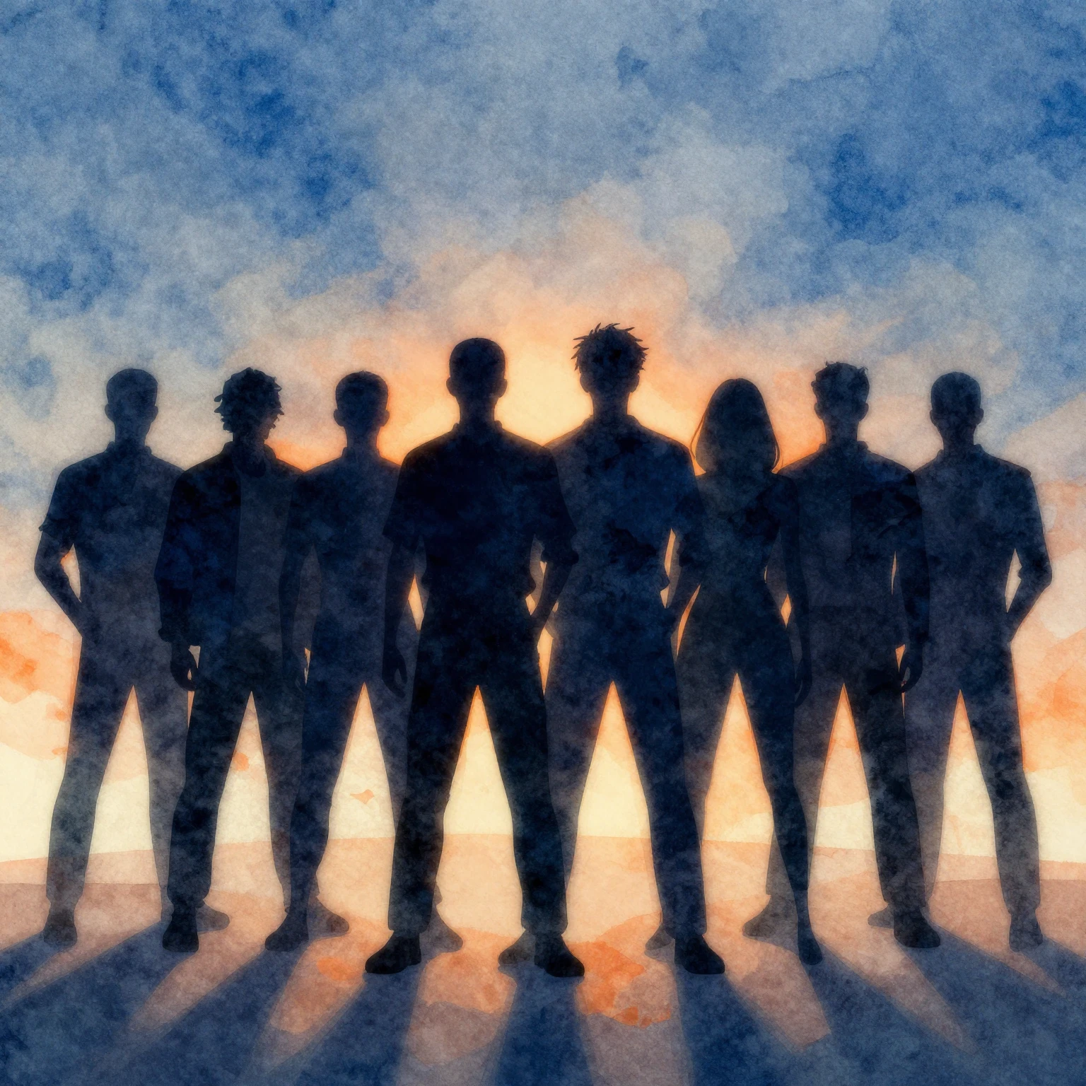 Vibrant watercolor style. 9 dark silhouettes of people stand...