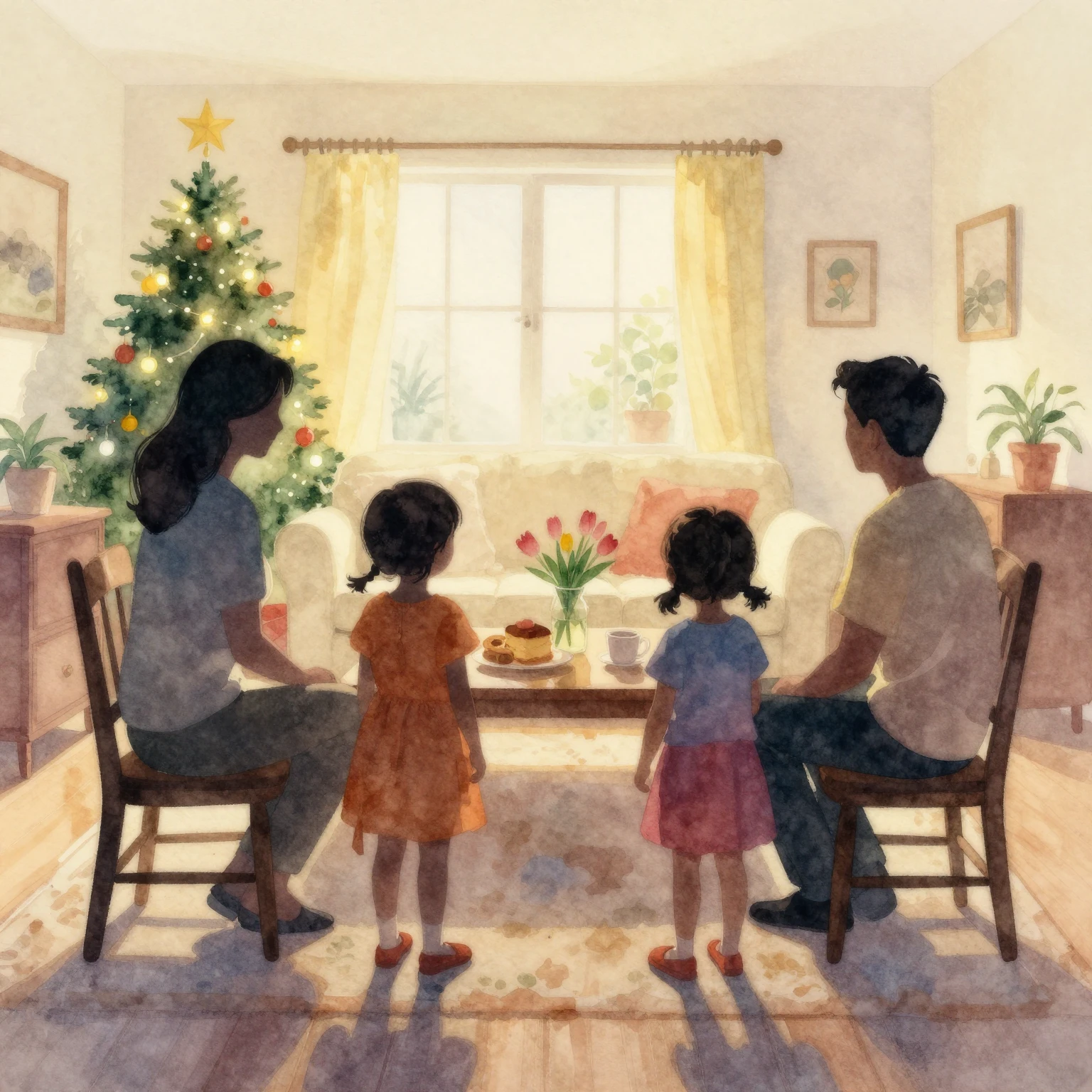Watercolor painting of a family gathering in a living room, ...