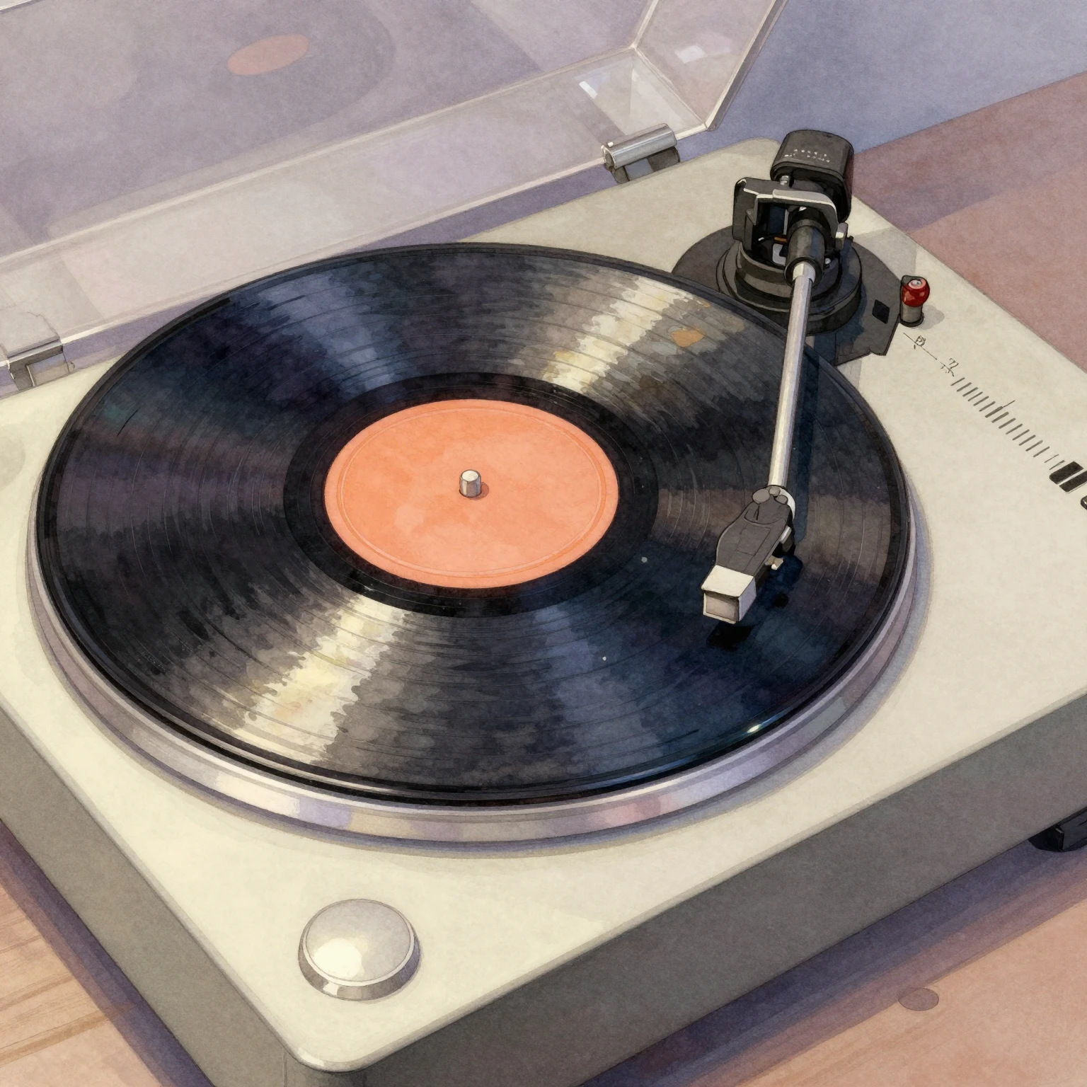 Watercolor illustration of a vintage vinyl record player spi...