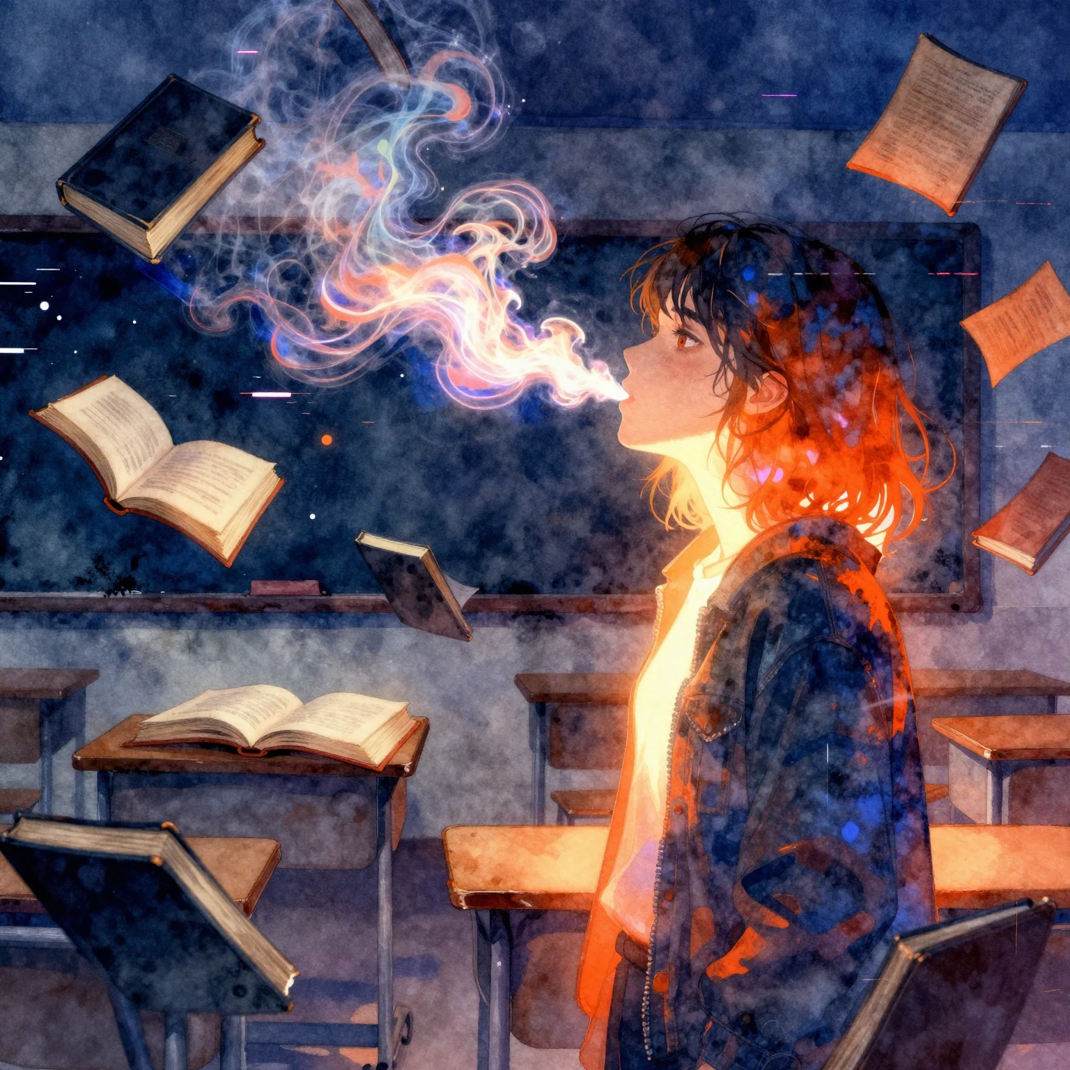 A vibrant watercolor illustration of an alternative rock alb...