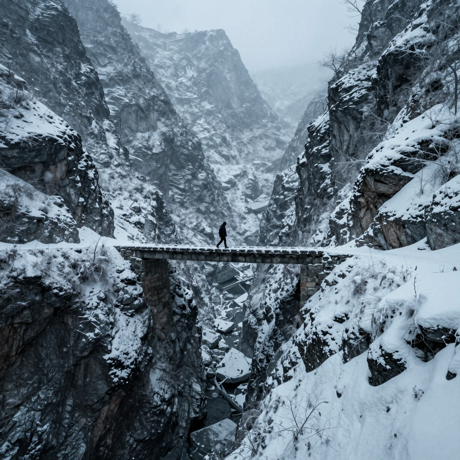 A narrow stone bridge over a deep abyss, jagged snowy mounta...